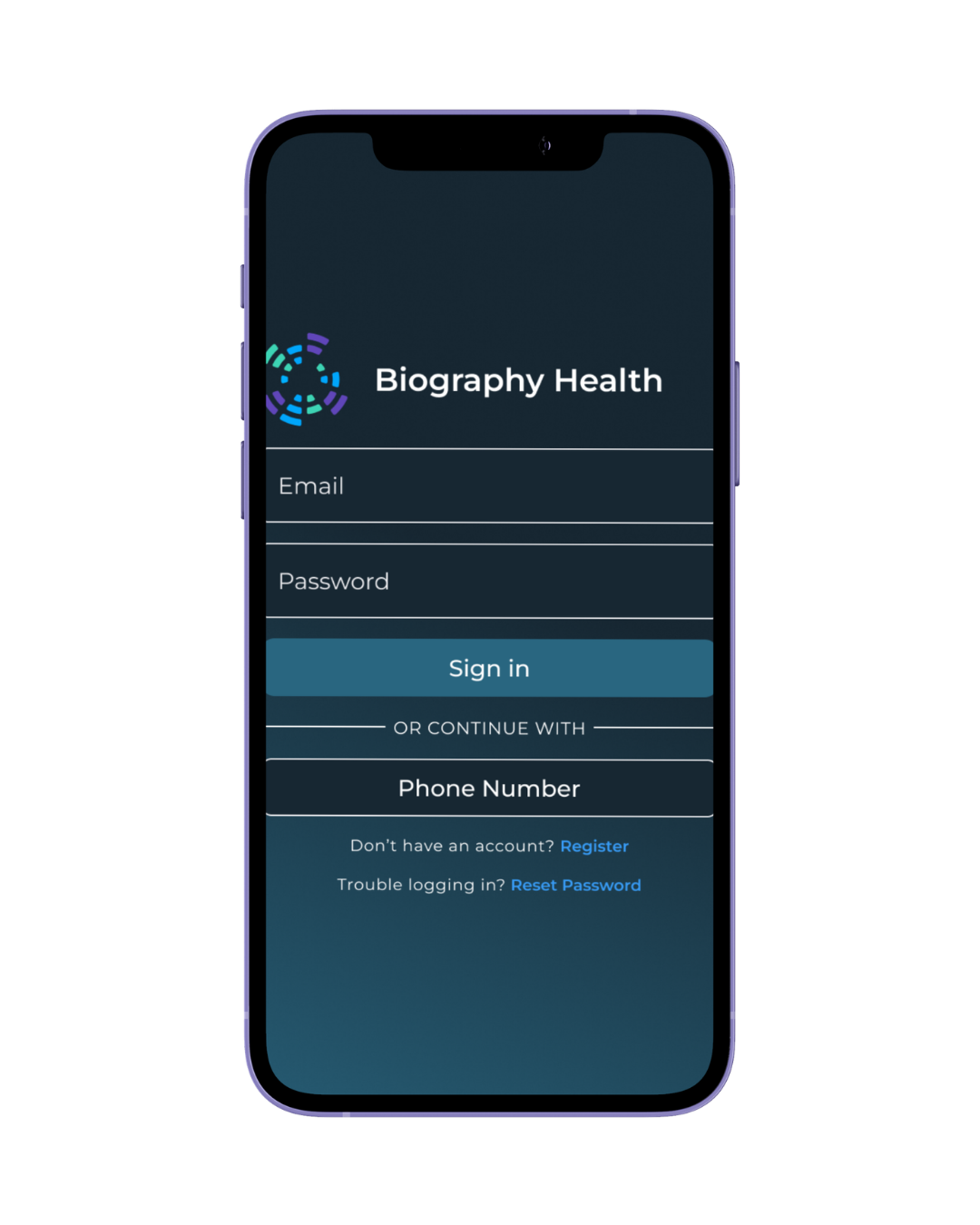Biography Health app login screen